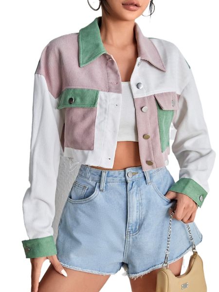 

colorblock drop shoulder flap pocket cord jacket e9lh#, Black;brown