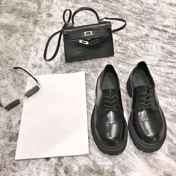 

dress shoes autumn thick bottom inner raised round head lace up small leather shoes women's casual korean large tooling, Black