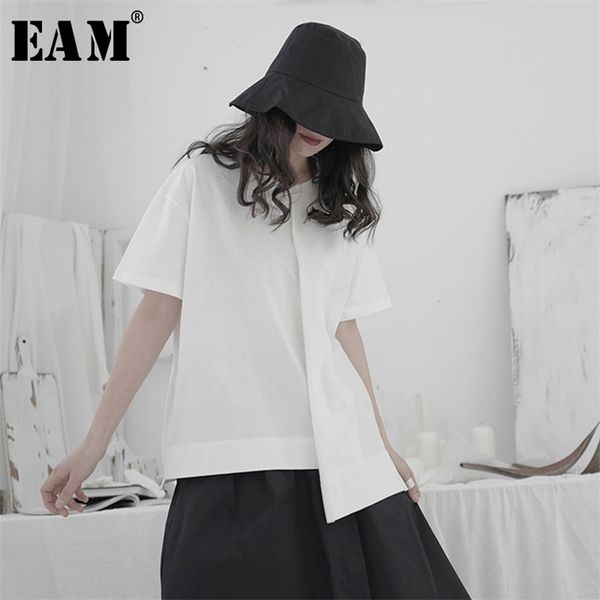 

eam women white asymmetrical split joint big size tshirt new round neck short sleeve fashion spring summer 1t120 210320