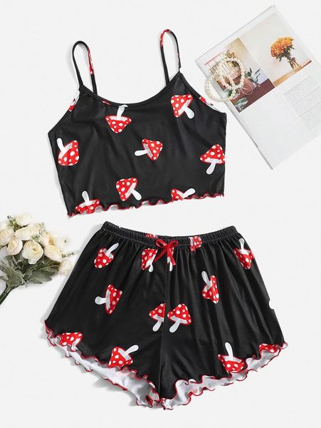 

mushroom print tie front lettuce trim pajama set 66iq#, Black;red