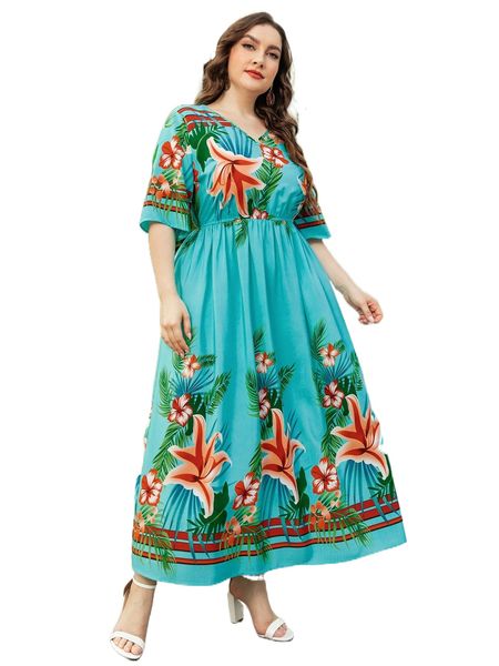 

plus floral & tropical print dress c7lx#, Black