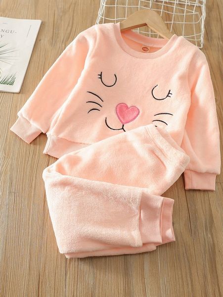 

toddler girls flannel cartoon embroidery sweatshirt & pants she, White