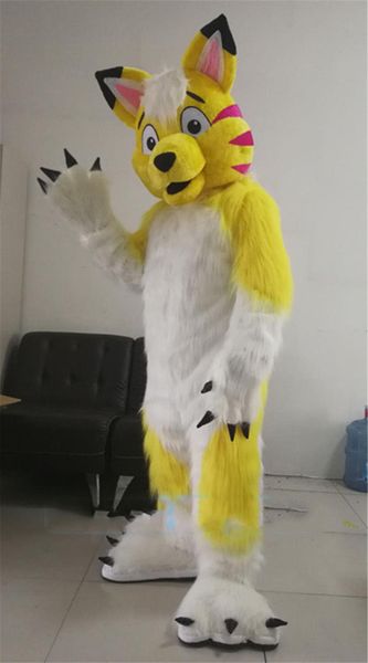 Costume da bambola mascotte Pelliccia lunga Giallo Husky Cane lupo Costume mascotte Abiti Fursuit Halloween Party Game Fancy Dress Mascotte taglia adulto