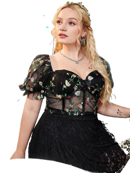 

plus floral embroidery mesh puff sleeve bustier b6mi#, Black