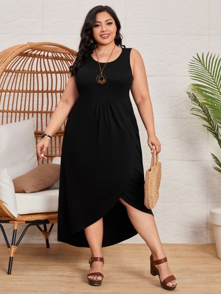 

emery rose plus scoop neck wrap hem solid dress 46rb#, Black