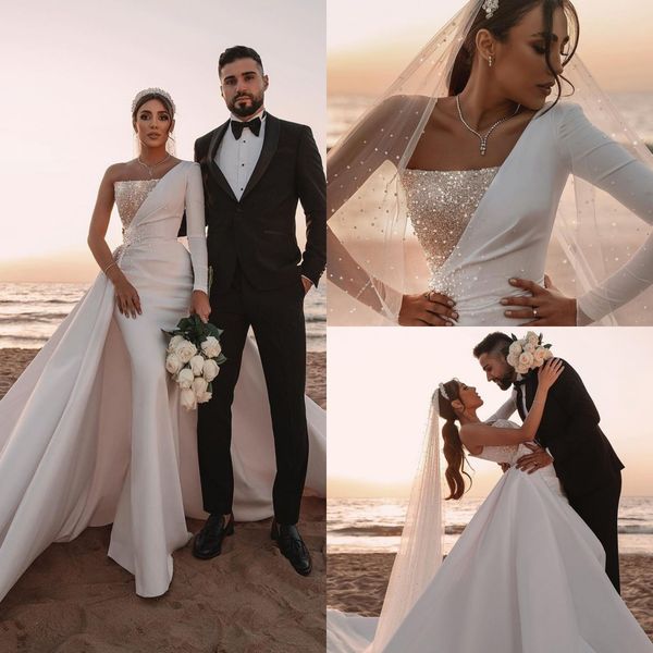 

2022 gorgeous sequined arabic wedding dresses with detachable train one shoulder mermaid bridal dresses tulle vintage wedding298j, White