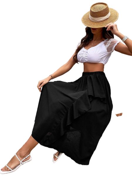 

high waist ruffle trim skirt p3wt#, Black