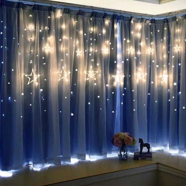 Stringhe Luci LED natalizie Stella a cinque punte Tenda Stelle Matrimonio Fata Compleanno Decorazione per interni