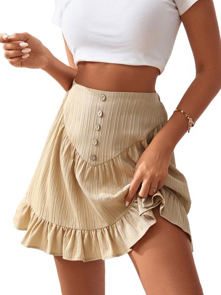 

button detail ruffle hem skirt i89j#, Black