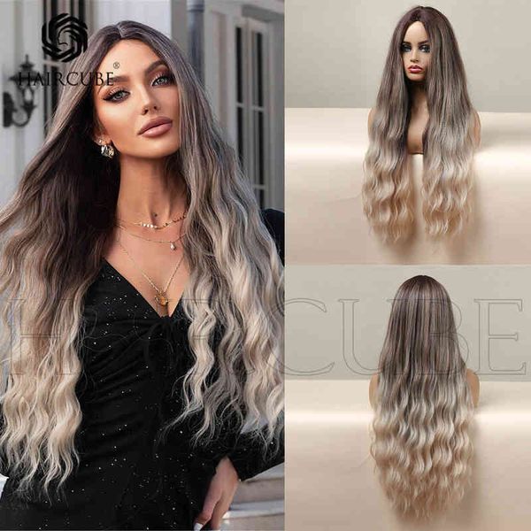 İnsan saç peruk sentetik peruklar 2022 stil orta boylu kahverengi gradyan altın kadınlar uzun kıvırcık peruklar günlük uygulama 220528