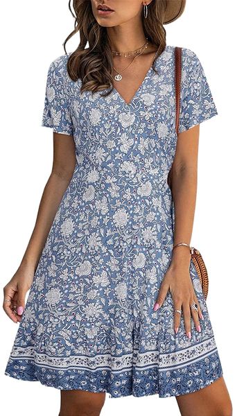 

women's wrap v neck summer short sleeve ruffle floral sundress boho casual swing dresses 55mq#, Black;gray