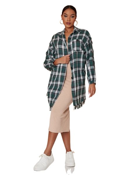 

plaid print fringe trim drop shoulder shirt k8fn#, White