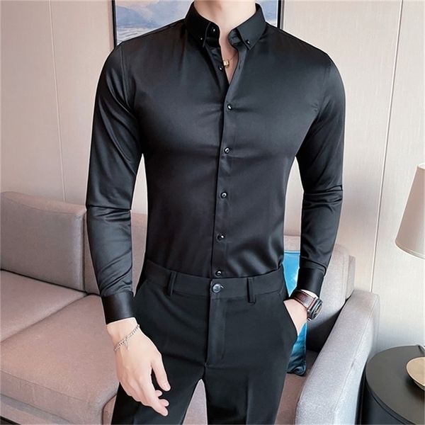 Artı Boyutu 5XL-M İngiliz Tarzı Katı Uzun Kollu Gömlek Erkekler Giyim Basit Slim Fit Iş Rahat Chemise Homme Örgün Giyim 220401