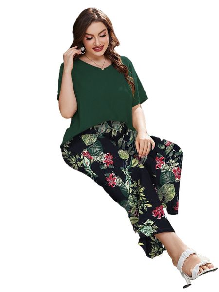 

plus solid blouse & tropical print wide leg pants k9mt#, Black