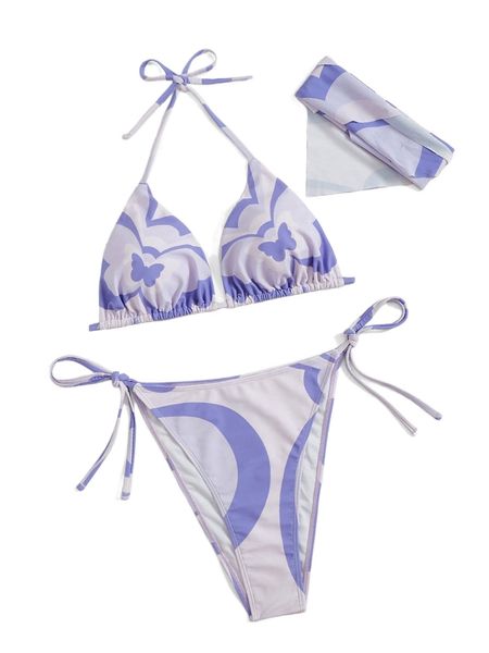 

plus 3pack butterfly print tie side halter bikini swimsuit t6er#, White;black