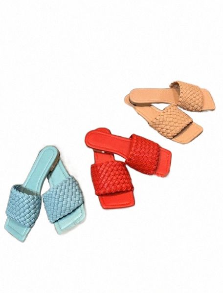 

luxury designer women slippers flat heels soft leather weaving mules squared sole sandals summer fashion party slipper, Black
