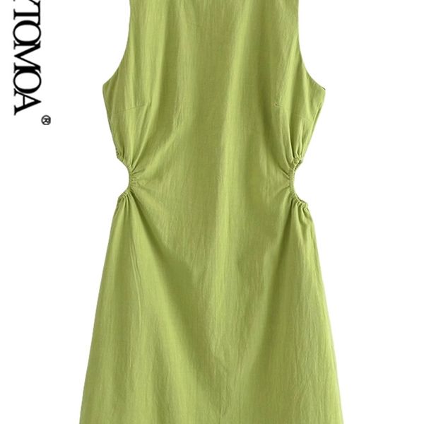 

kpytomoa women fashion hollow out linen green mini dress vintage sleeveless back zipper female dresses vestidos mujer 220516, Black;gray