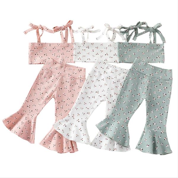 

girls designer clothes kids summer floral clothing sets fashion boutique halter bell bottoms suits baby crop harem pants outfits breathable, White