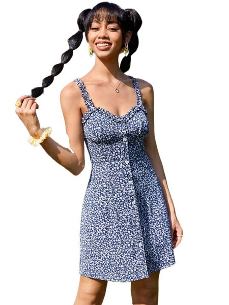 

ditsy floral frilled button front cami dress h6m5#, Black;gray