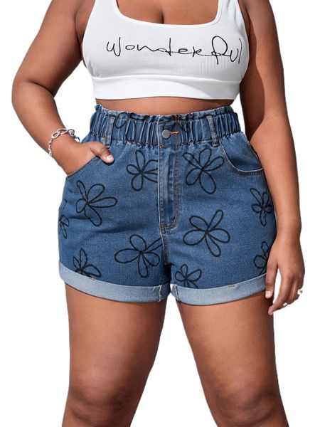

plus floral print slant pocket denim shorts k3dt#, White;black