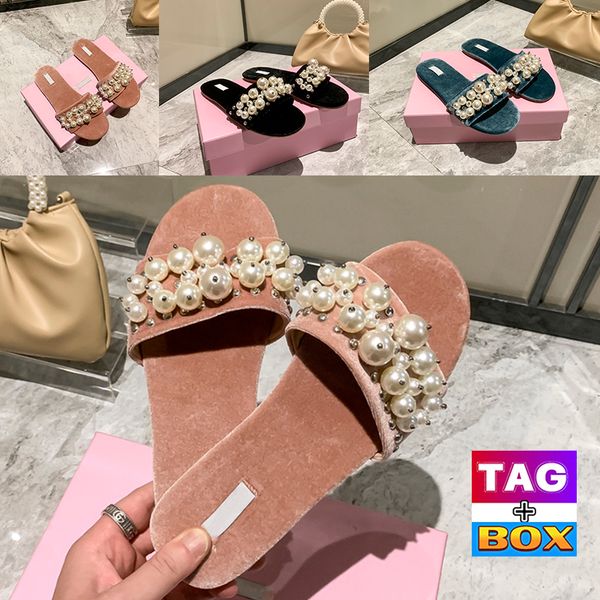 

2022 designer flat pearl sandals luxury mius velvet slippers slides women shoes flats heeled woman slide scuffs fashion slipper indoor outdo, Black
