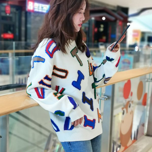 

women's knits & tees designer 2021 autumn new wool cashmere lazy style french sweater loose english letter jacquard knitted women x7ra, White