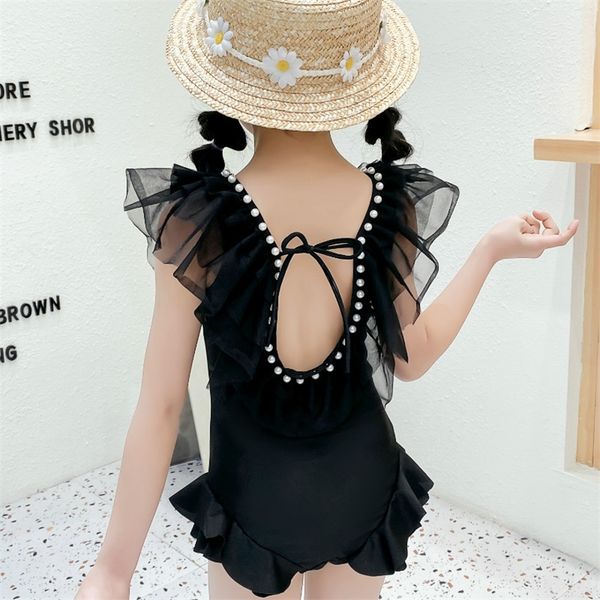 

summer swimsuit for girls swimwear children's ruffled princess swimming trunks spa beach kids clothing 220425, Black