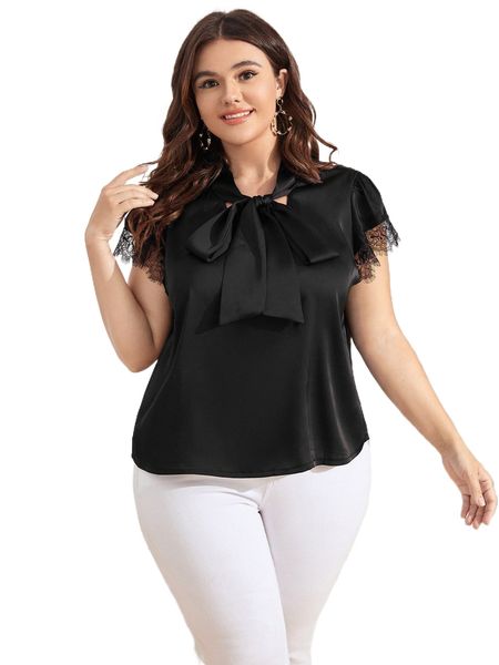 

plus eyelash lace trim tie neck blouse i6qs#, Black