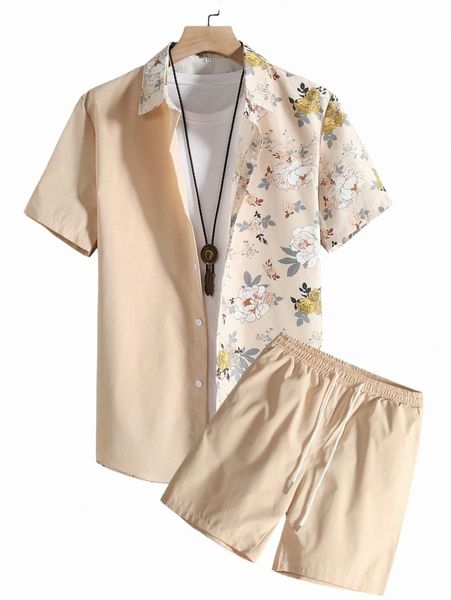 

romwe guys floral shirt & drawstring waist shorts n5ni#, Gray