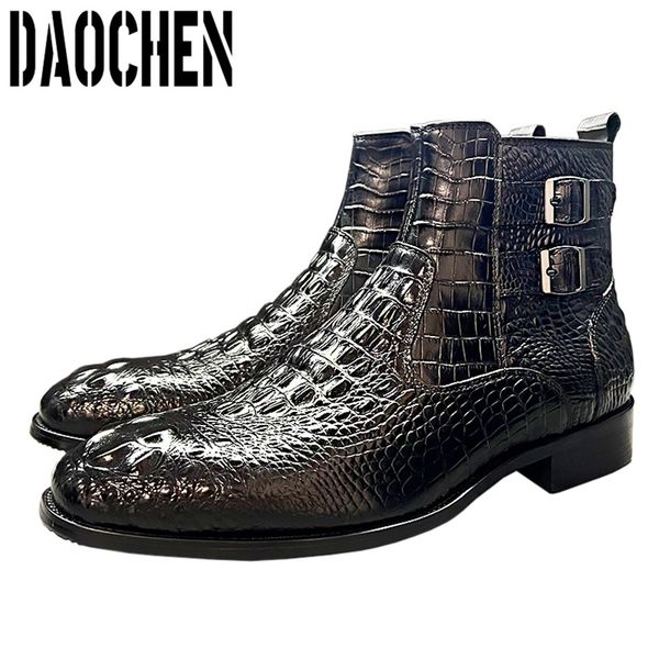

luxury men ankle black brown printed zipper chelsea double buckle genuine leather dress boots mens shoes 220720