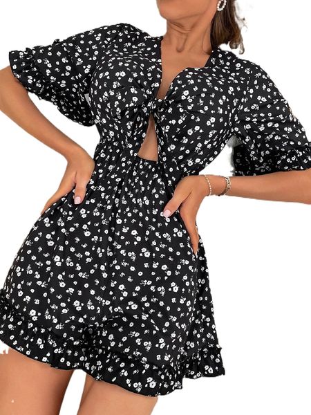 

ditsy floral tie front jumpsuit q3gq#, Black;white