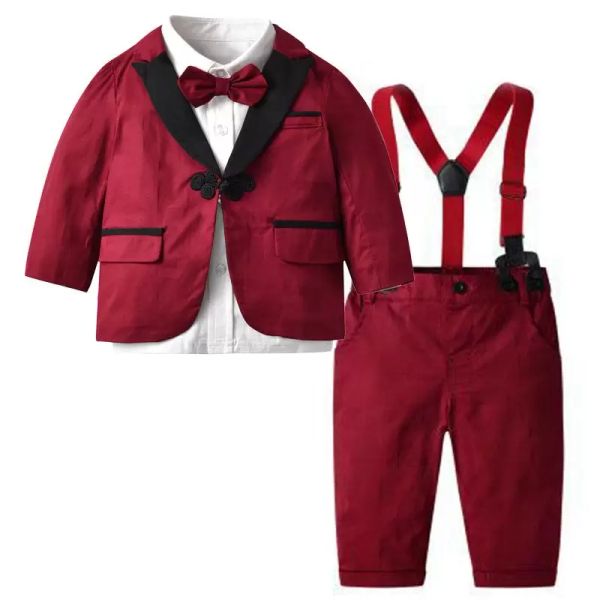 Set di abbigliamento Manica lunga Abiti formali rossi Abito per ragazzi Abito T-shirt per bambini + Cappotto Pantaloni Cintura con fiocco 5 pezzi Festa di compleanno per bambini