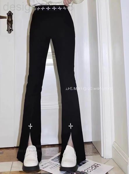 

women's pants & capris designer 22 spring and summer new cross pattern pants high waist slit black elastic 100 with thin micro flared j, Black;white