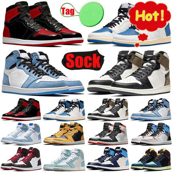 

with sock and tag 1 1s mens womens basketball shoes bred patent fragment university blue dark mocha shadow 2.0 pollen men trainers sports, Black