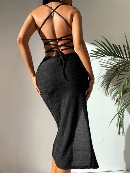 

tall lace up split thigh glitter dress e7lp#, Black;gray