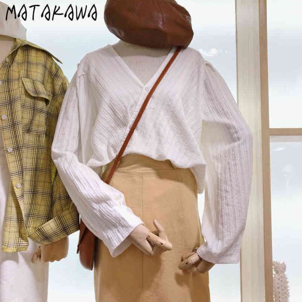 

spring solid vneck shirt singlebreasted women blouses fashion casual temperament blusas vertical lines pattern 210506, White