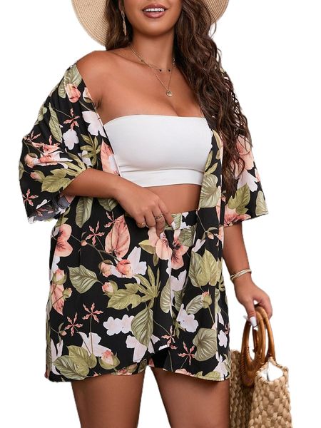 

plus tropical print kimono & shorts p6oi#, Black
