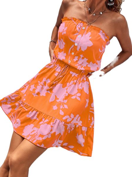 

floral print ruffle hem tube dress b5td#, Black;gray