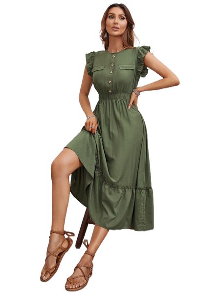 

fake button flutter sleeve flap detail frilled dress c45h#, Black;gray