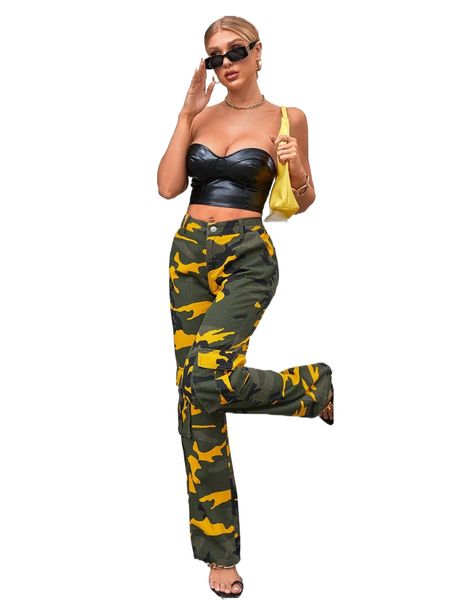 

tall camo print flap pocket side cargo jeans u48m#, Blue