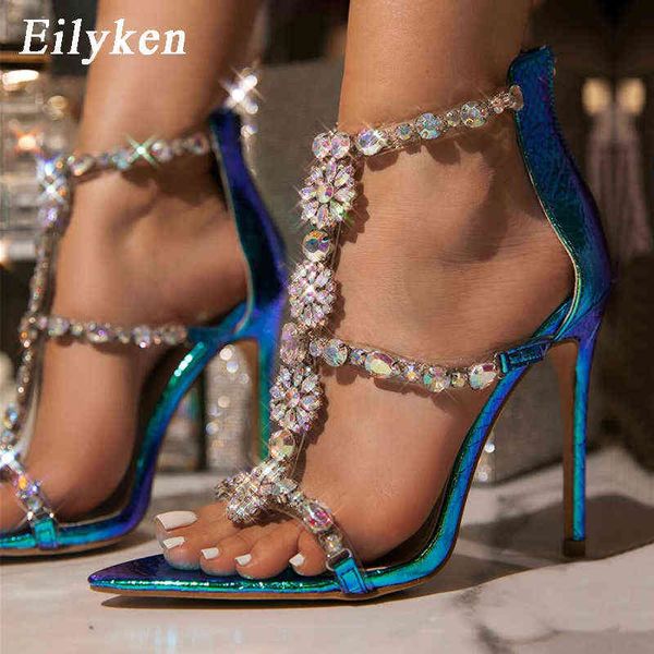 Sandálias Eilyken High Saltos Sapatos Sexy Mulheres Festa Bombas T-Strap Rhinestone PVC Transparente Stiletto Sandálias Sapatos de Cristal Sapatos 220316