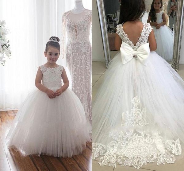 Mädchenkleider Spitze Tutu Blumenmädchen O-Ausschnitt Applikationen Puffy Tüll Kindergeburtstagskleid Erstkommunionkleid mit großer Schleife hintenGirl's