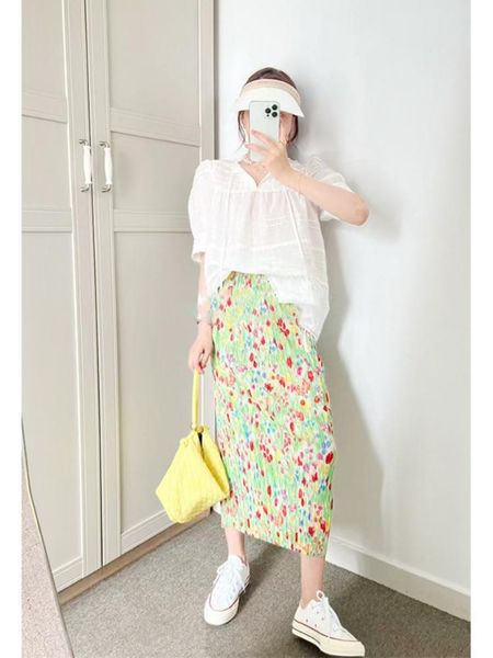 

skirts women skirt 2022 spring and summer products polyester fiber color pleated slim fit casual mid-length skirtskirts, Black