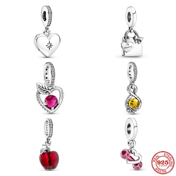 Ciondolo in argento sterling 925 con manubri di mela scintillante Perline a forma di cuore Bracciale con ciondoli Pandora Accessori per gioielli fai da te