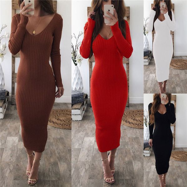 

women package hip knitted winter dress low chest deep v neck elegant slim bodycon dress autumn pencil long vestidos female 210303, Black;gray