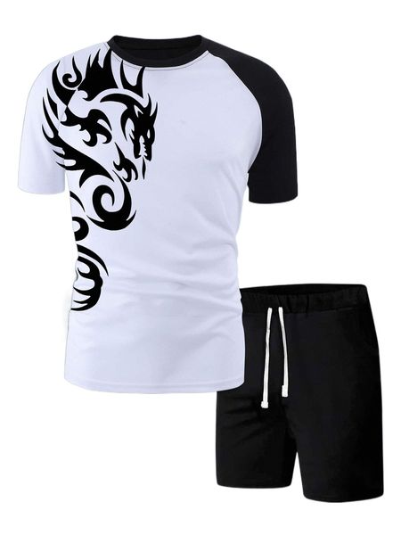 

men dragon graphic two tone tee & drawstring waist shorts j63y#, Gray