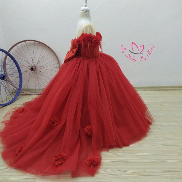 

red feather floral flower girl dresses floor length short sleeve little girl wedding dress communion pageant birthday gowns, White;blue