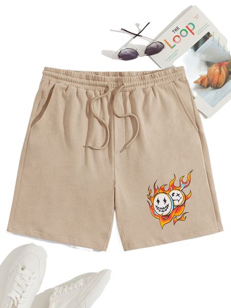 

men fire & cartoon graphic drawstring waist shorts l4sw#, White;black