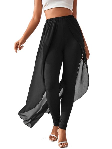 

elastic waist overlay pants r1tl#, Black;white