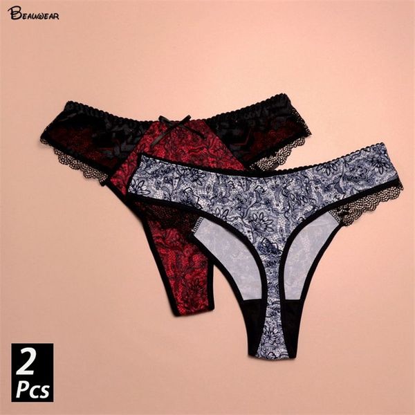 Beauwear 2 Teile/los Femme sexy dessous große größe L-5XL weiche dünne thongs für frau spitze pantys G-string elastische unterhosen damen 220426